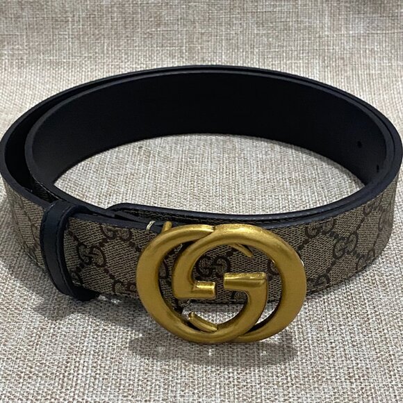 Gucci Classic Beige And Brown Gg Monogram Canvas Belt With A Gold Double G Metal - Picture 3 of 8
